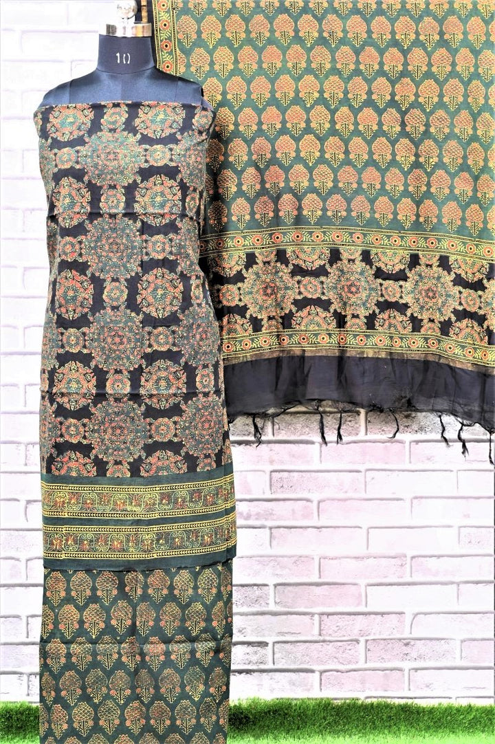 Green Kamal Pital Unstitched Cotton Chanderi Ajrakh Print Suit