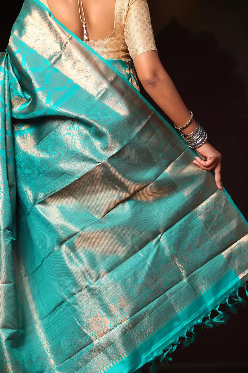 Blue Handloom Pure Gold Zari Kanjivaram Saree