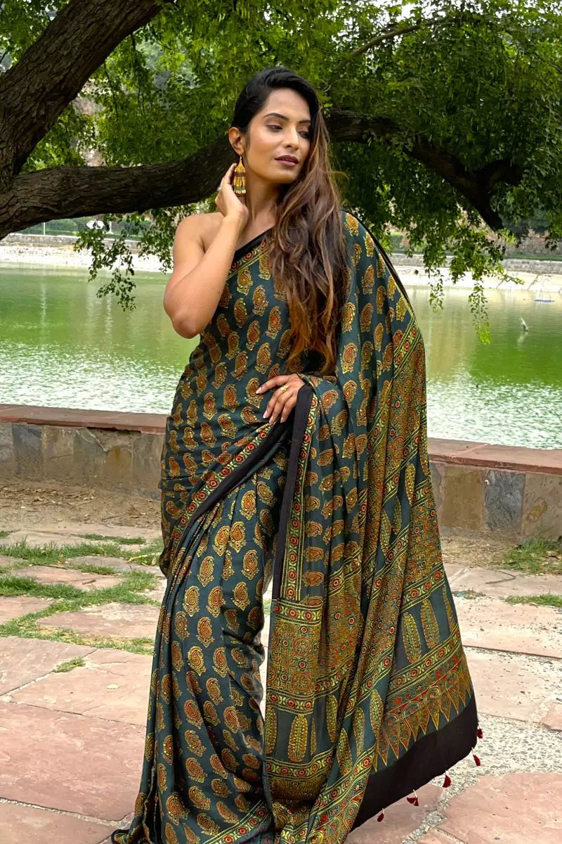 Green Paisley Ajrakh Modal Silk Saree