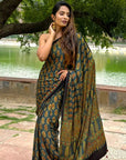 Green Paisley Ajrakh Modal Silk Saree