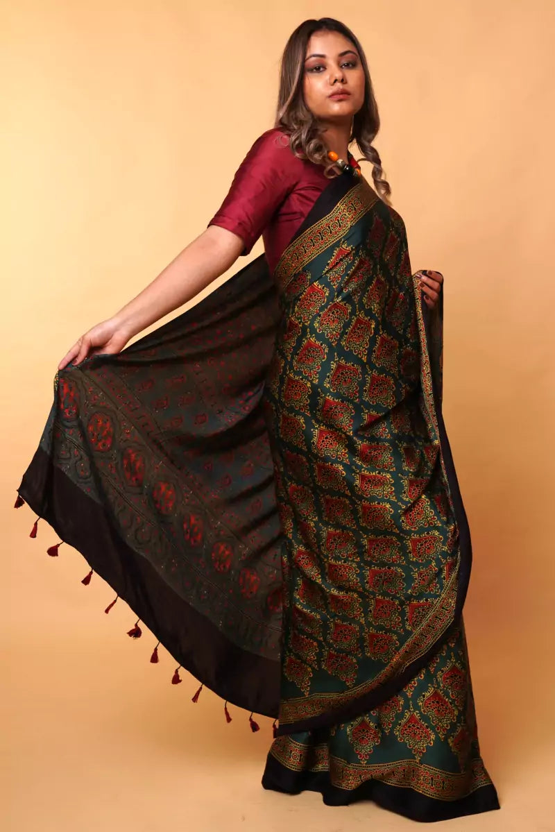 Green Ajrakh Modal Silk Saree