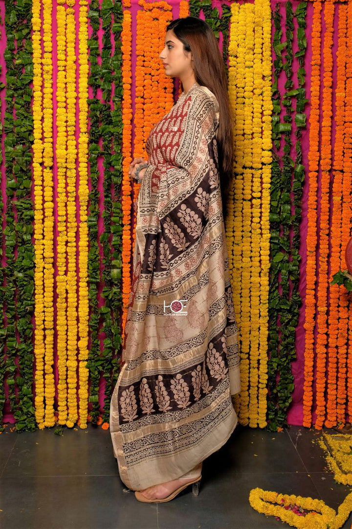Red Buti Chanderi Silk Bagh Print Saree by House Of Elegance