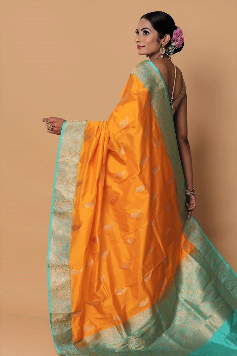 Sunshine yellow banaras brocade saree by Magizham