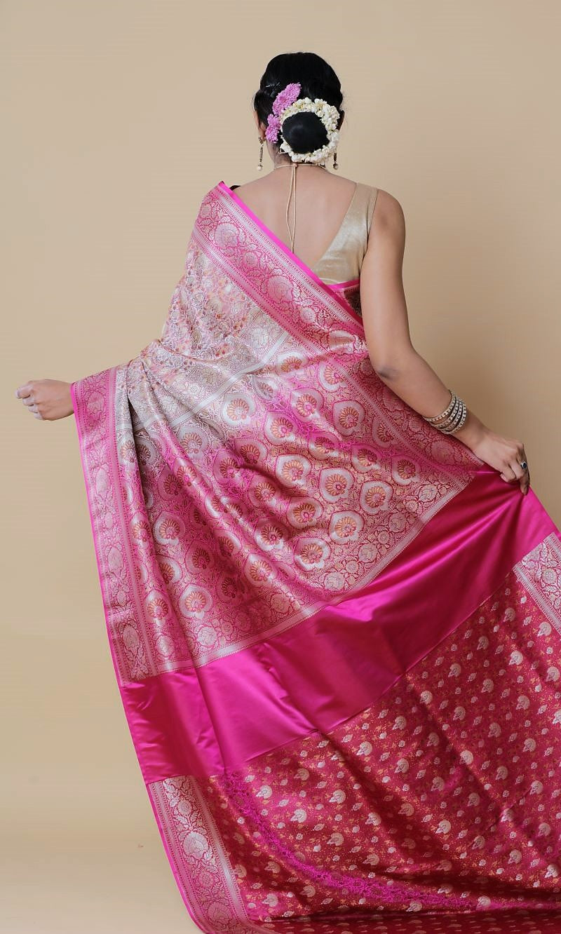 Ivory Magenta Tanchoi Jamawar Silk Saree: House Of Elegance