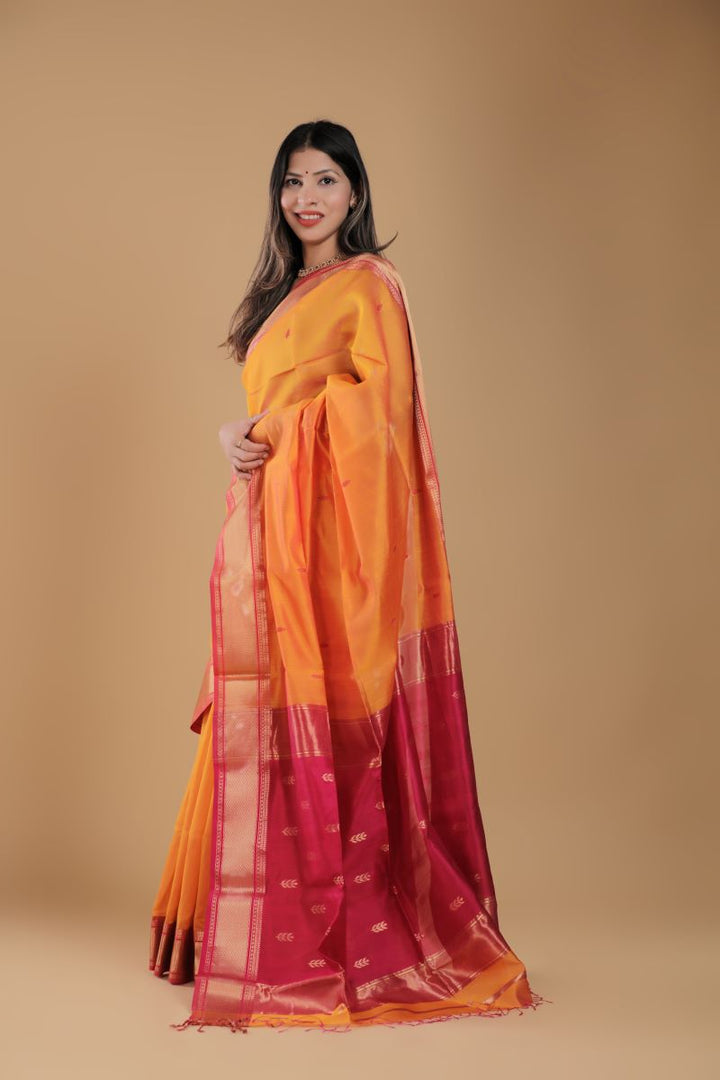 Yellow Mulberry Silk Maheshwari SiCo Saree: House Of Elegance