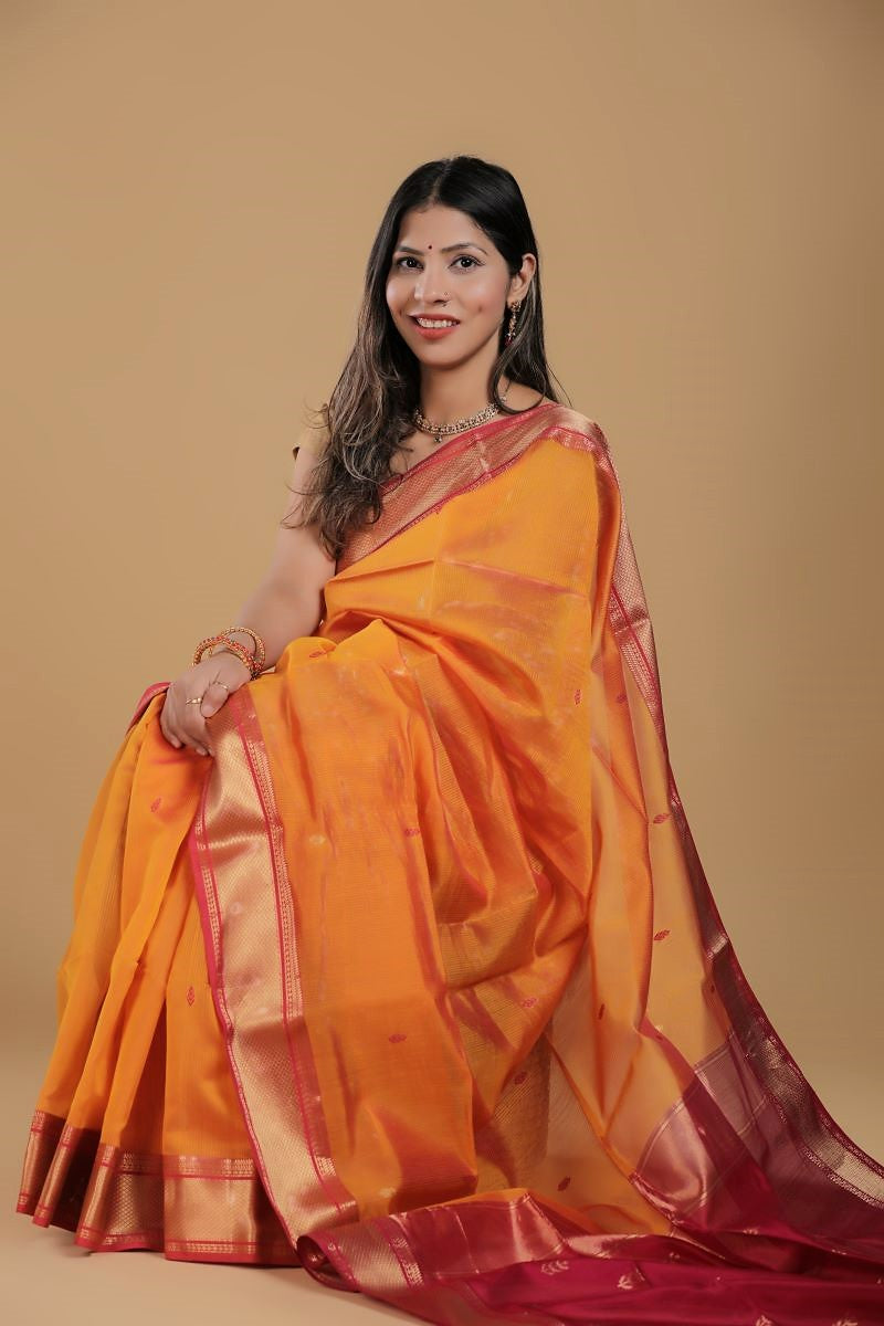 Yellow Mulberry Silk Maheshwari SiCo Saree: House Of Elegance