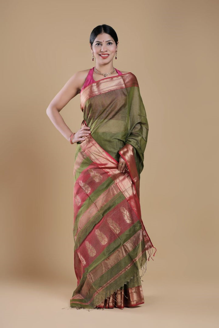Green Tissue Silk Maheshwari Saree: House Of Elegance