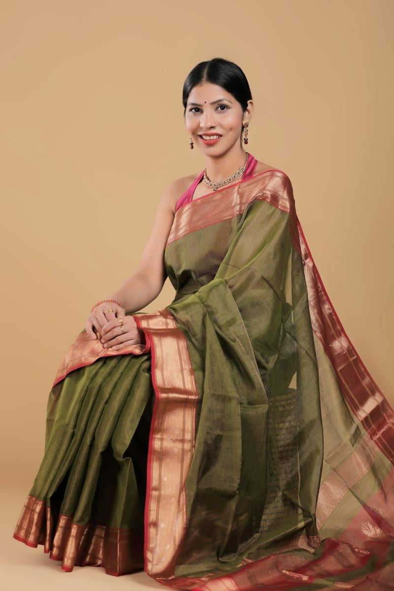 Green Tissue Silk Maheshwari Saree: House Of Elegance