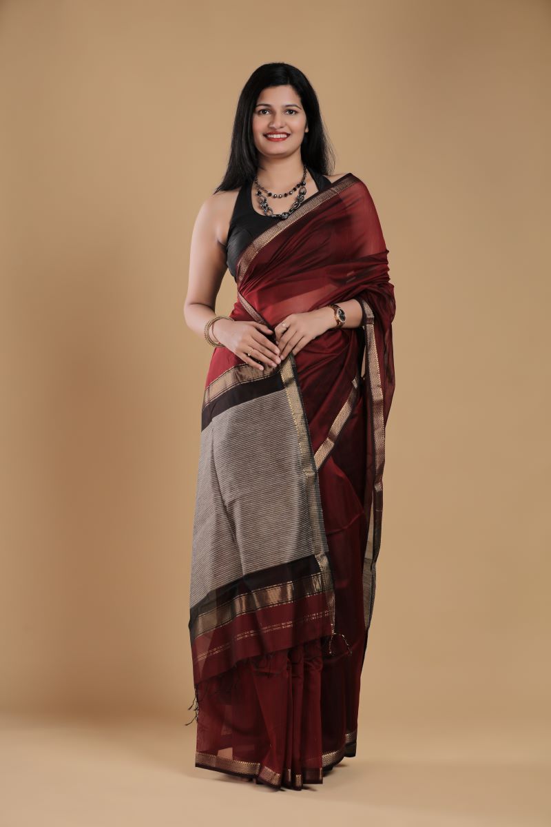 Maroon Black Maheshwari SiCo Sarees from Maheshwar Madhya Pradesh Traditional Maheshwari Saree Ghicha Pallu Zari Border Maheshwari Silk Saree