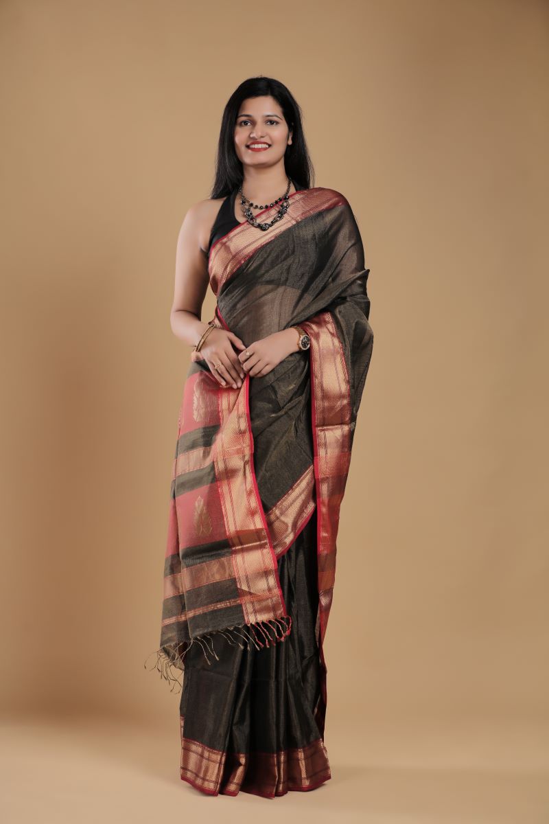 Black Magenta Tissue Silk Maheshwari Saree: House Of Elegance