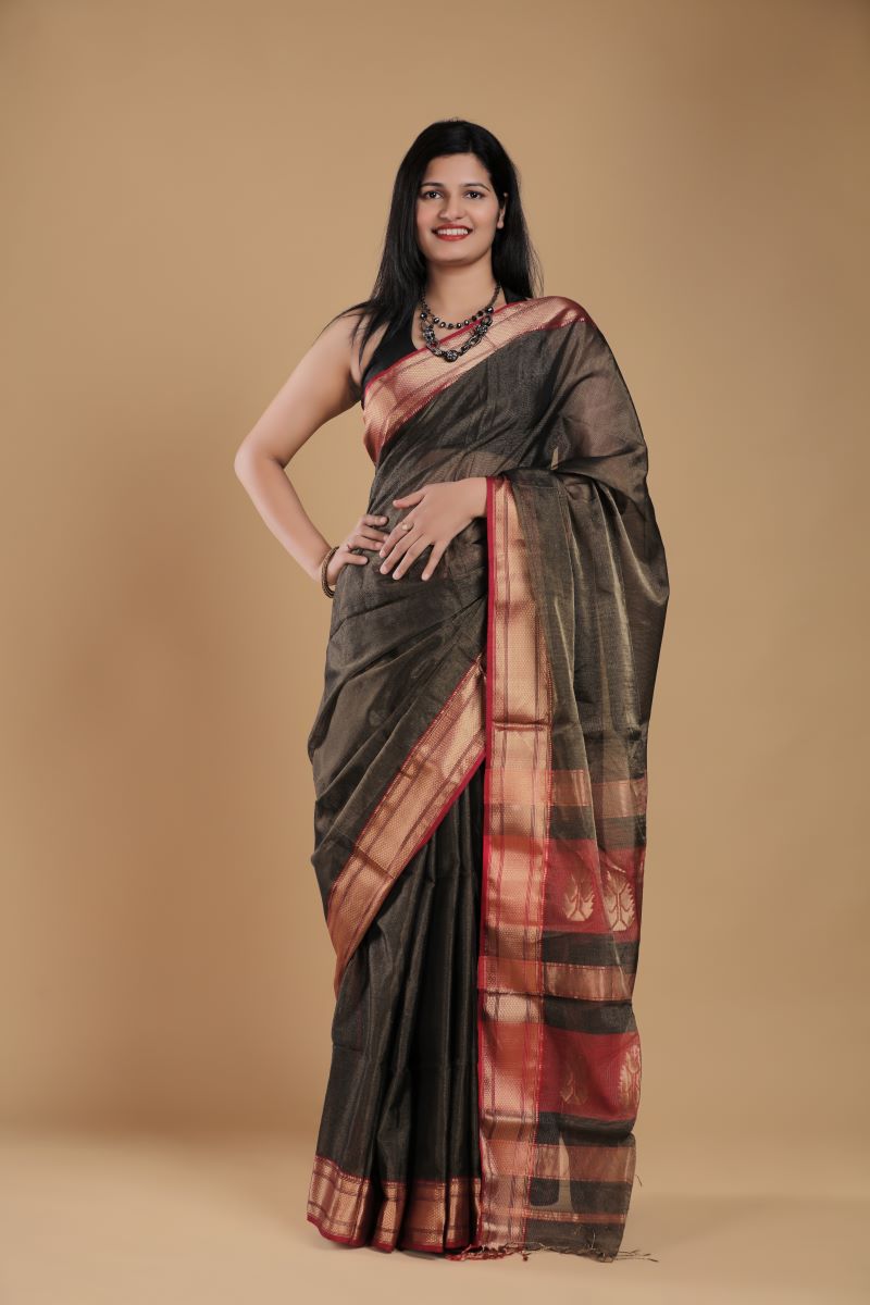 Black Magenta Tissue Silk Maheshwari Saree: House Of Elegance