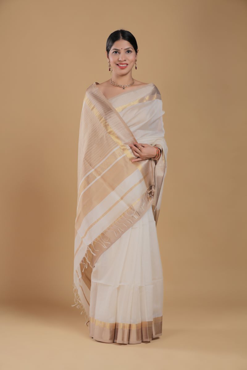 Golden White Maheshwari SiCo Saree Maheshwar Madhya Pradesh Cotton Silk Golden Zari Border Saree Maheshwari Silk Saree Maheshwari Saree