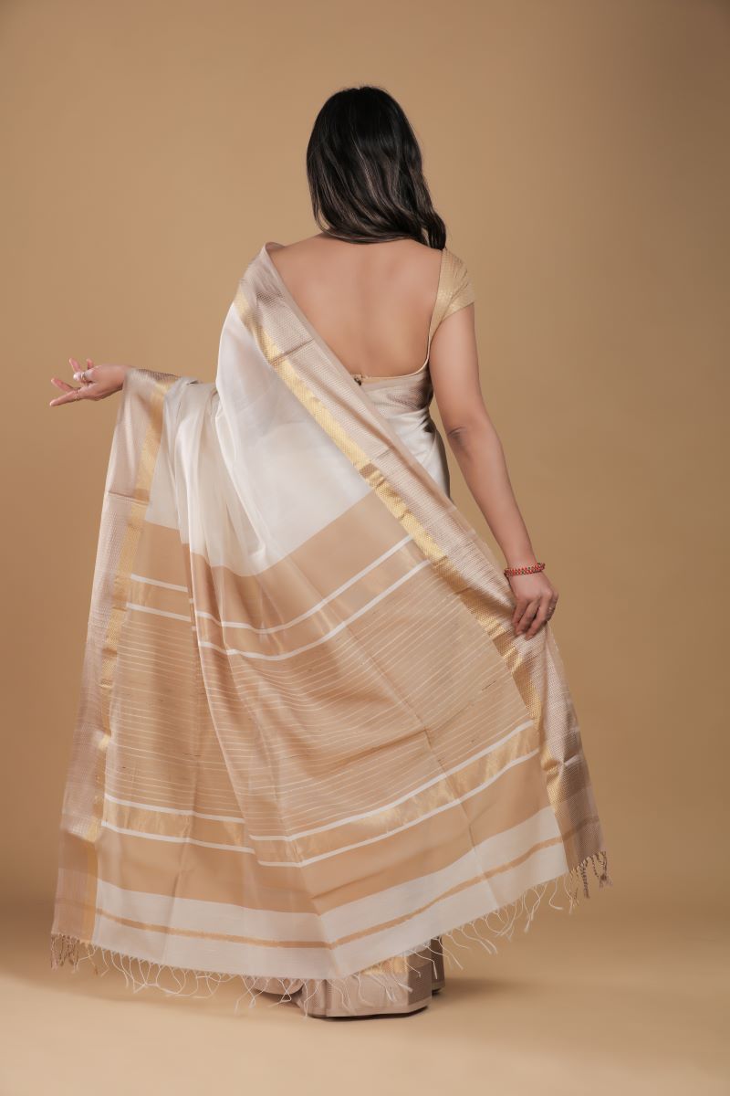 Golden White Maheshwari SiCo Saree Maheshwar Madhya Pradesh Cotton Silk Golden Zari Border Saree Maheshwari Silk Saree Maheshwari Saree