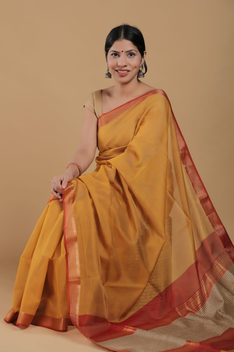 Mustard Red Maheshwari SiCo Sarees from Maheshwar Madhya Pradesh Traditional Maheshwari Saree Ghicha Pallu Zari Border Maheshwari Silk Saree