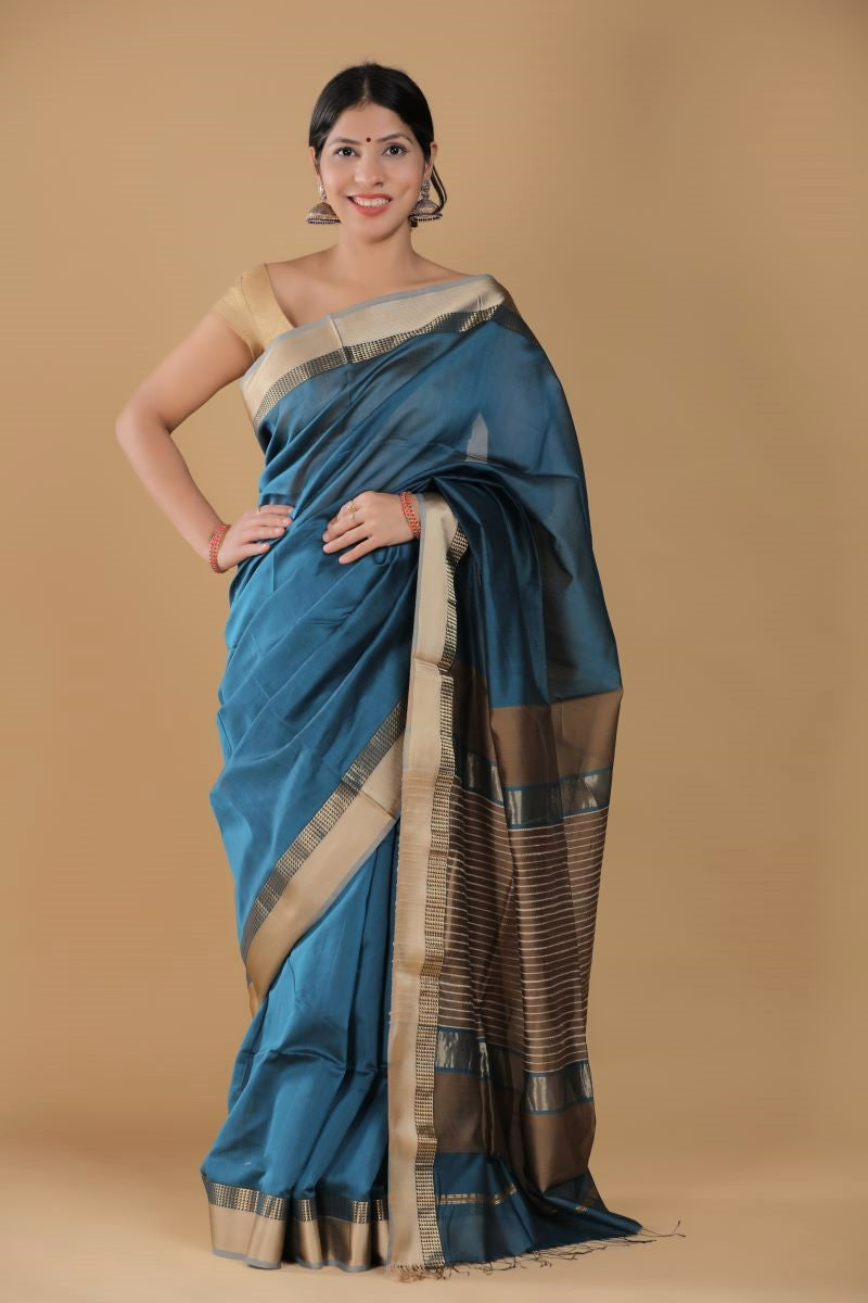 Blue Kosa Maheshwari Silk Cotton Saree by House Of Elegance