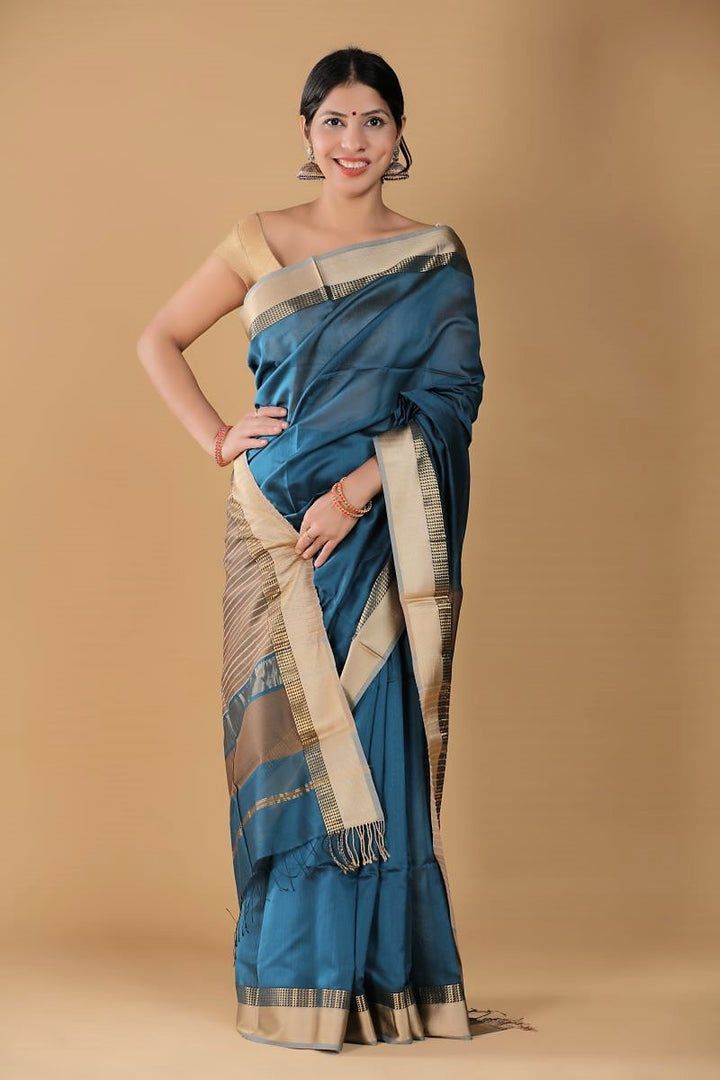 Blue Kosa Maheshwari Silk Cotton Saree by House Of Elegance