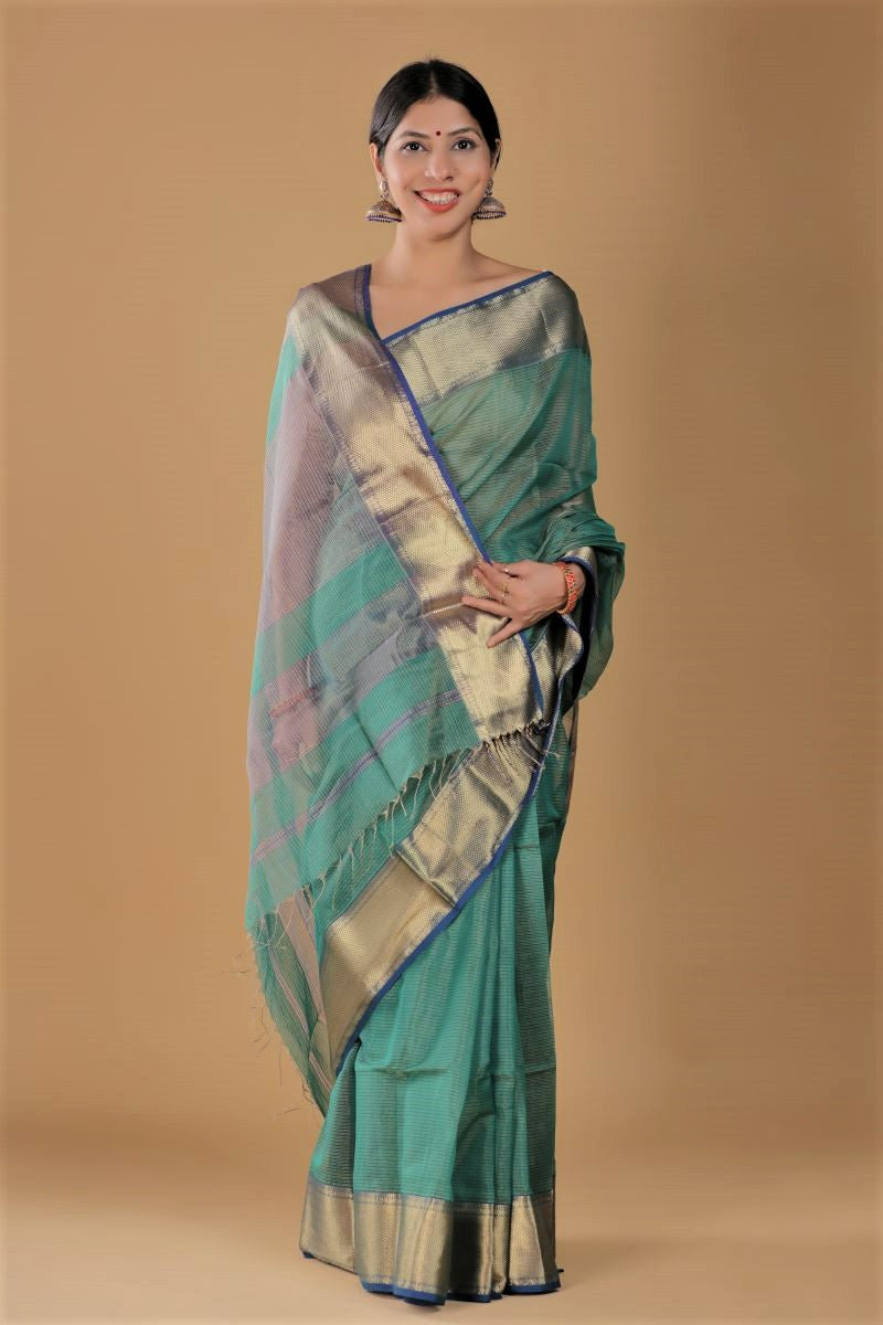 Teal Blue Tissue Silk Maheshwari Saree: House Of Elegance