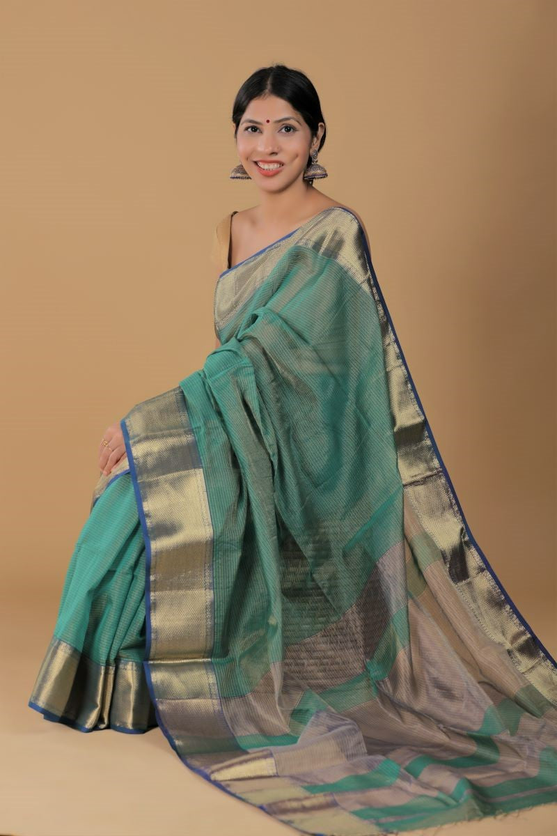 Teal Blue Tissue Silk Maheshwari Saree: House Of Elegance
