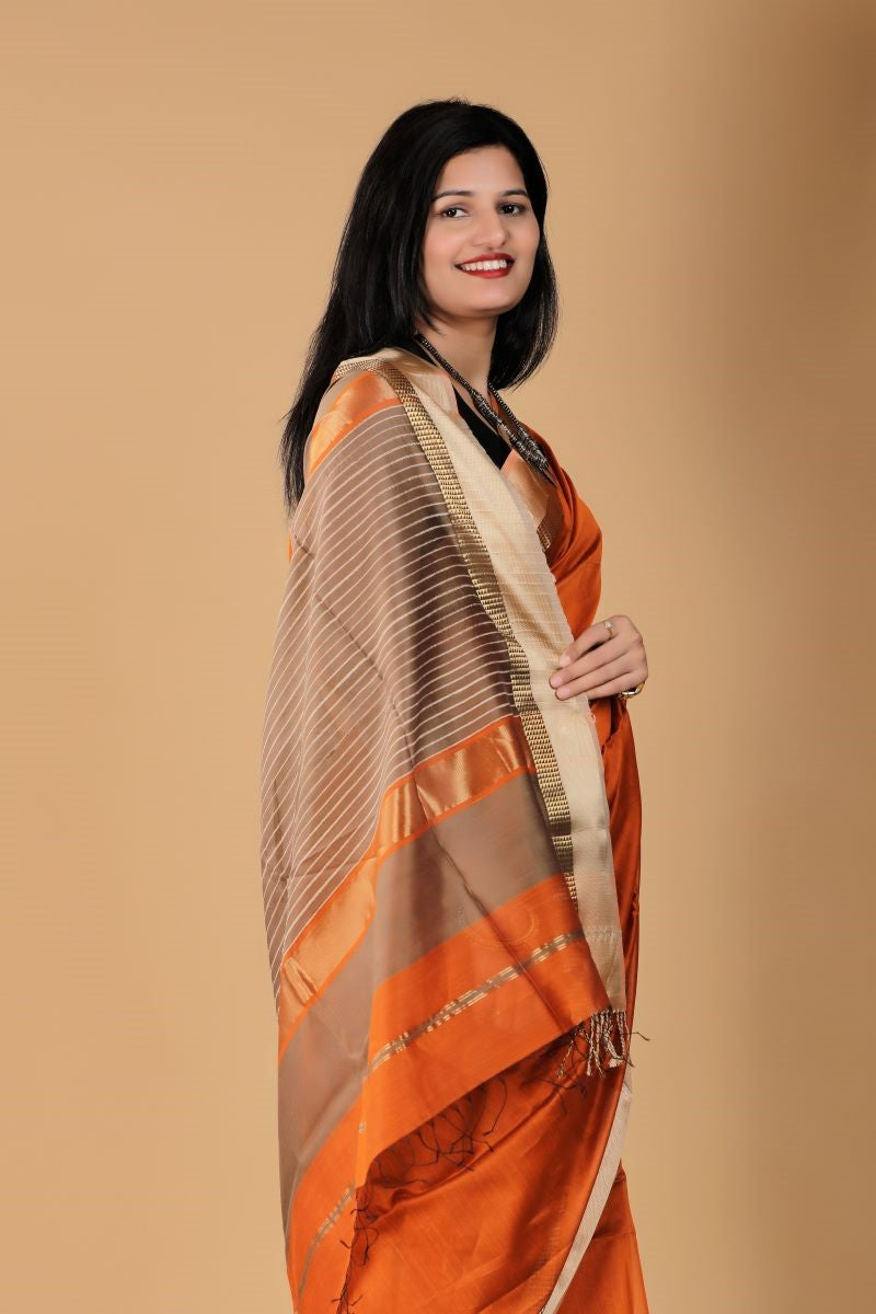 Rust Kosa Maheshwari Silk Cotton Saree: House Of Elegance