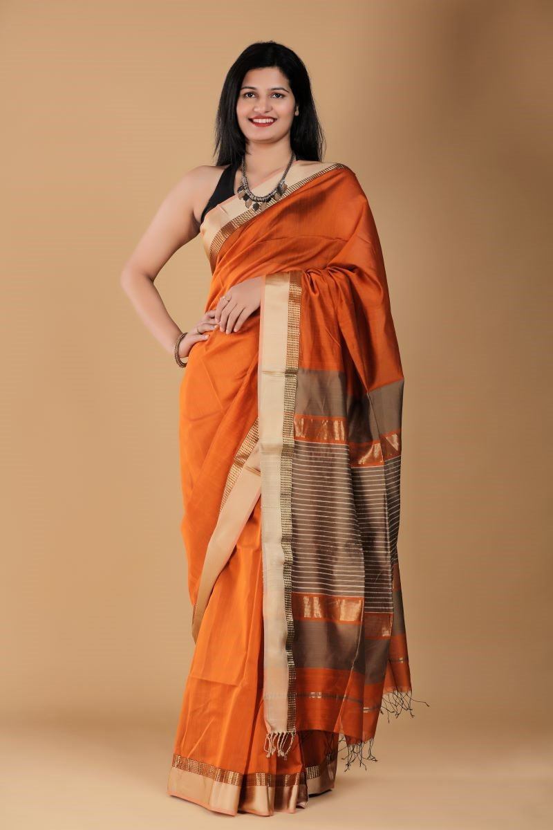 Rust Kosa Maheshwari Silk Cotton Saree: House Of Elegance