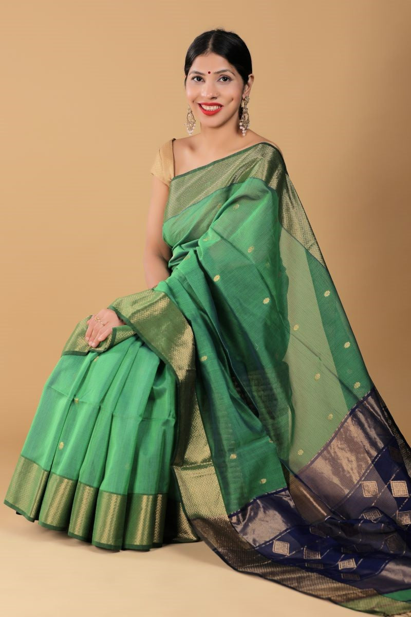 Green Blue Maheshwari Cotton Silk Saree: House Of Elegance