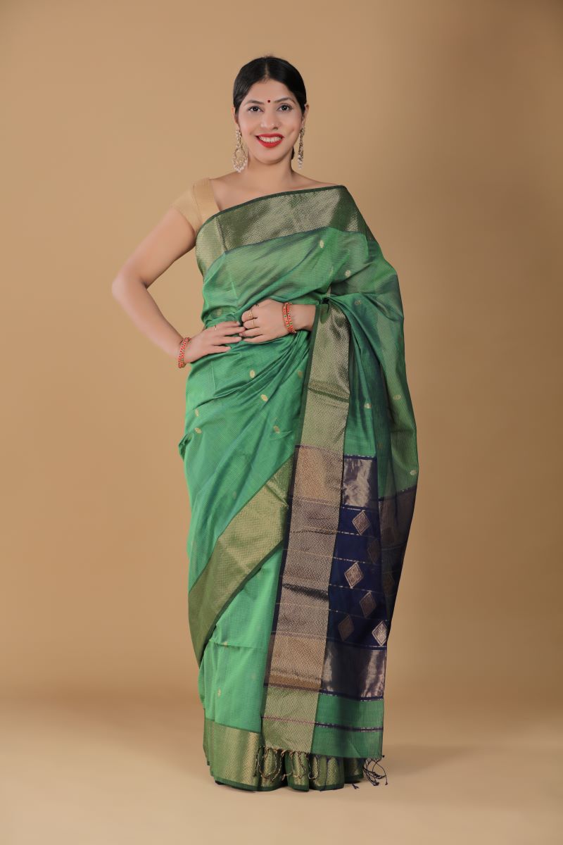 Green Blue Maheshwari Cotton Silk Saree: House Of Elegance