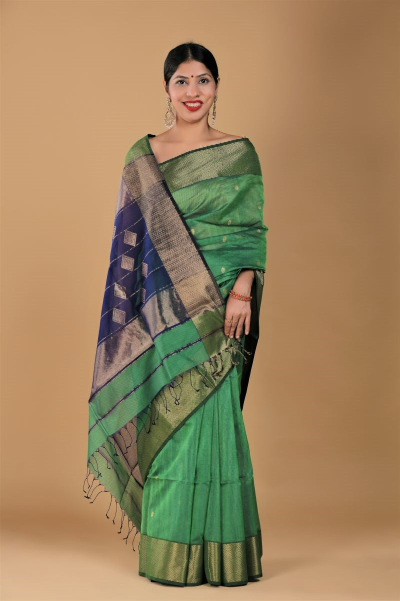 Green Blue Maheshwari Cotton Silk Saree: House Of Elegance