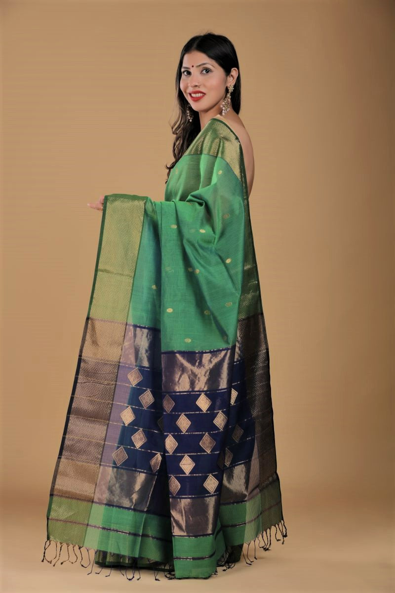Green Blue Maheshwari Cotton Silk Saree: House Of Elegance
