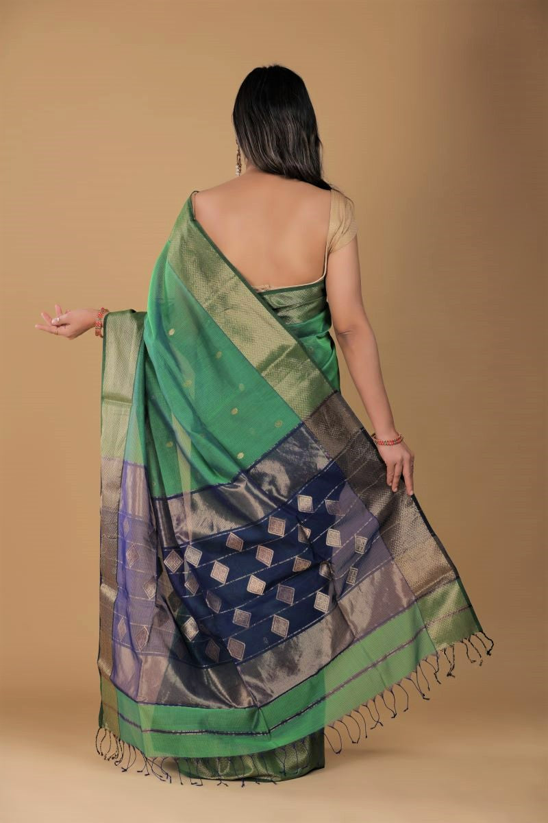 Green Blue Maheshwari Cotton Silk Saree: House Of Elegance