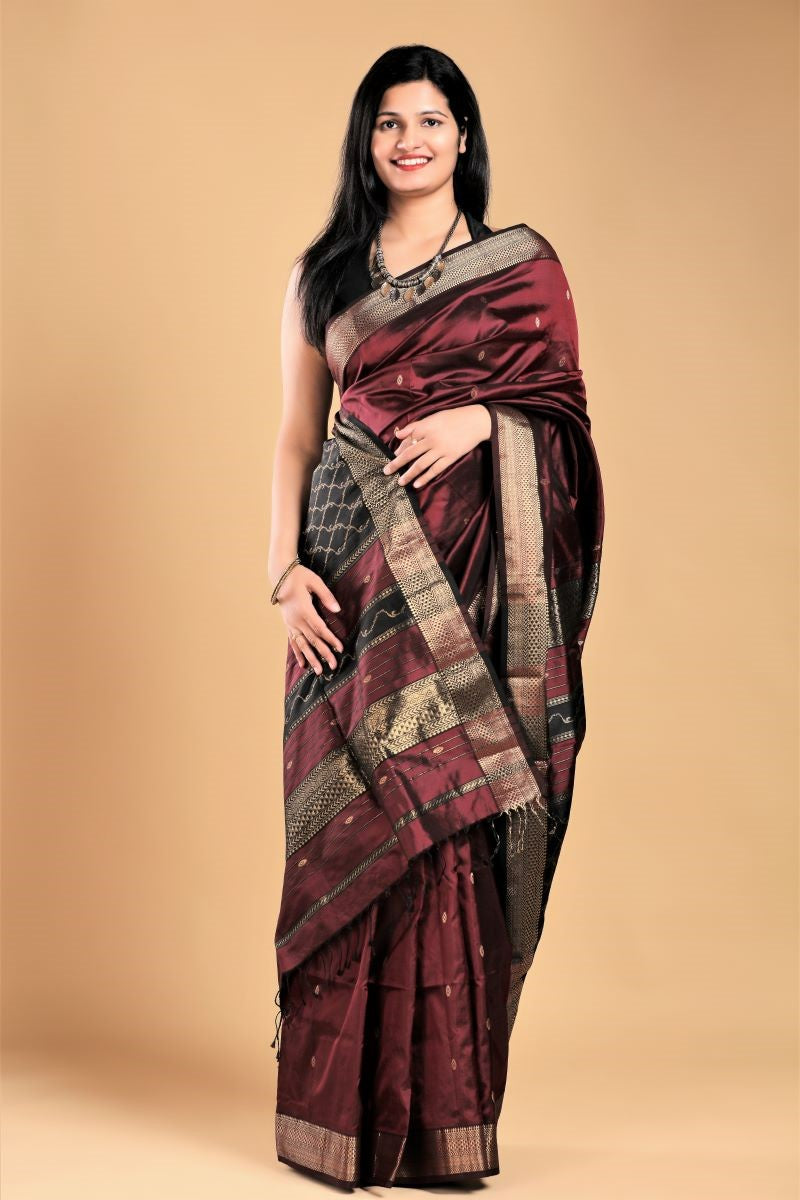 Wine Maheshwari Pure Mulberry Silk Saree: House Of Elegance