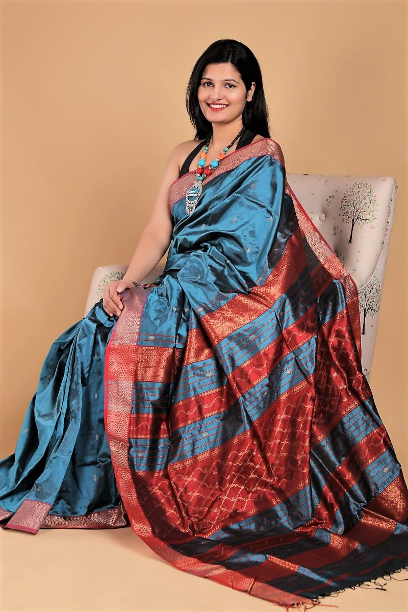 Blue Maheshwari Pure Mulberry Silk Saree: House Of Elegance