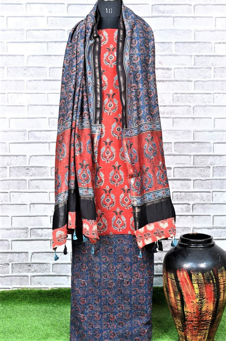 Red Indigo Unstitched Cotton Chanderi Ajrakh Print Suit