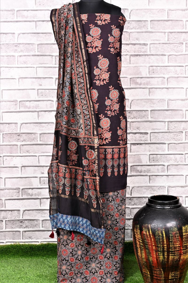 Black Corsage Unstitched Cotton Chanderi Ajrakh Print Suit