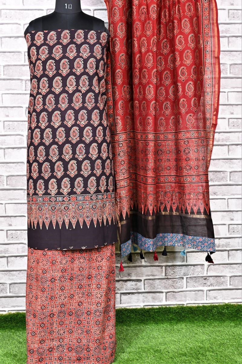 Black Red Minkundi Unstitched Cotton Chanderi Ajrakh Print Suit
