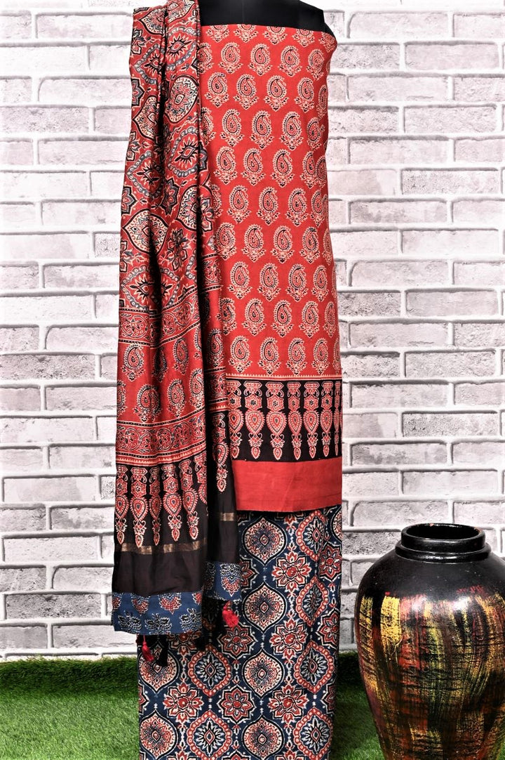 Red Indigo String Unstitched Cotton Chanderi Ajrakh Print Suit