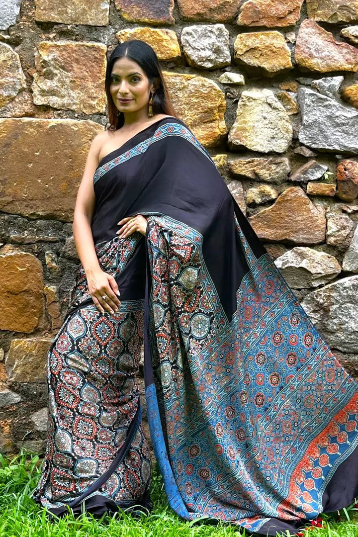 Black String Ajrakh Modal Silk Saree