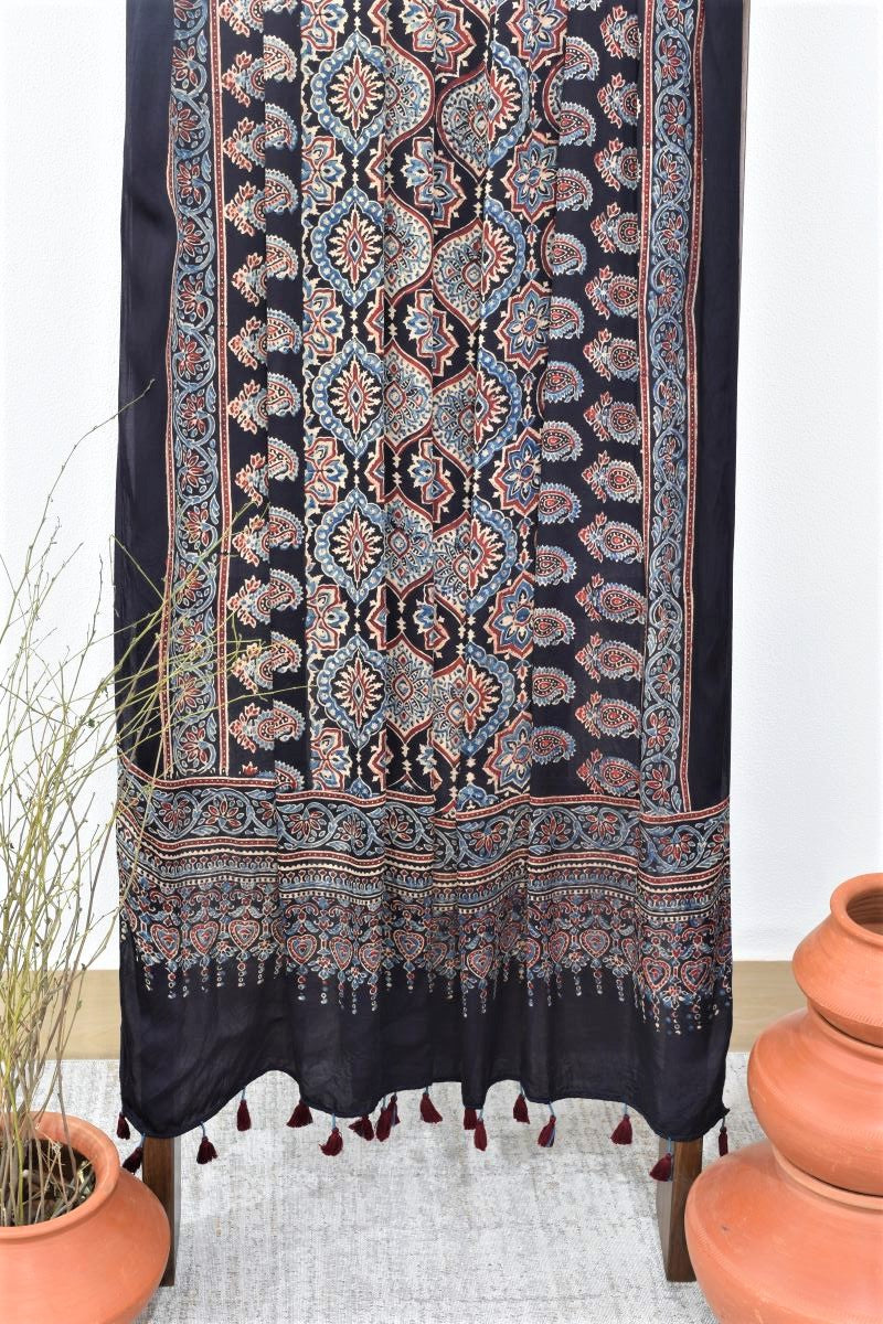 Black String Paisley Modal Silk Ajrakh Dupatta