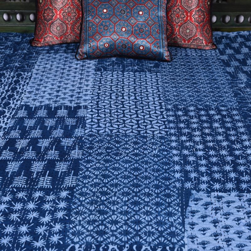 ajrakh-print-cotton-quilted bedcover-kantha