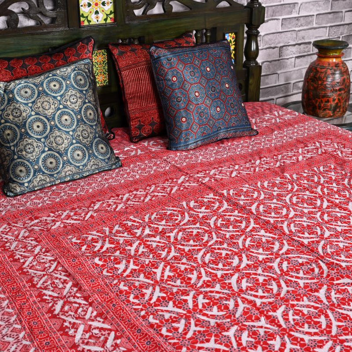 Red-Ajrakh-print-Applique-Bedspread