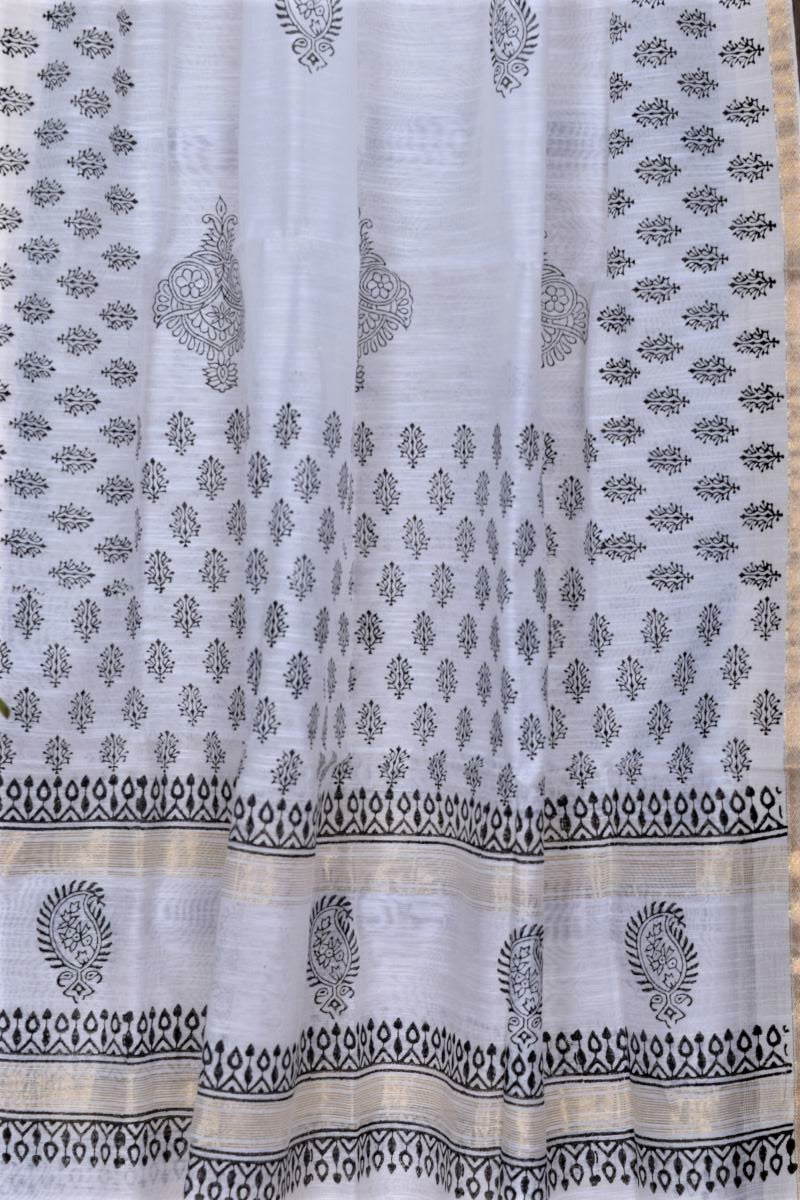 Black &amp; White Block Print Maheshwari Cotton Silk Dupatta