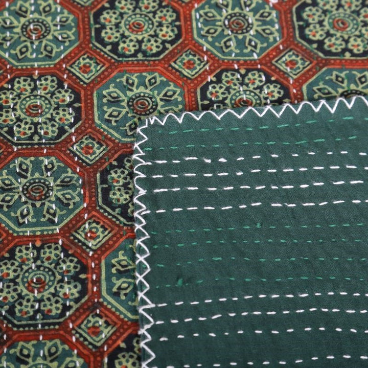 green-ajrakh-print-cotton-quilted bedcover-kantha