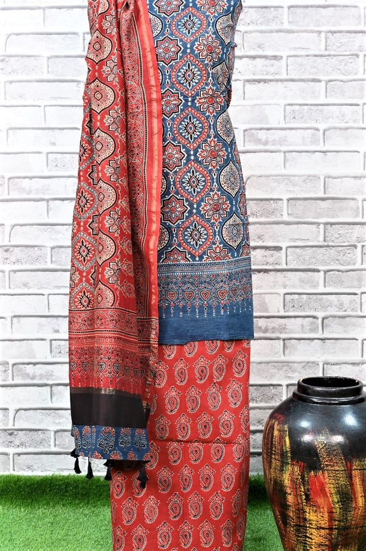 Indigo Red Paisley Unstitched Cotton Chanderi Ajrakh Print Suit
