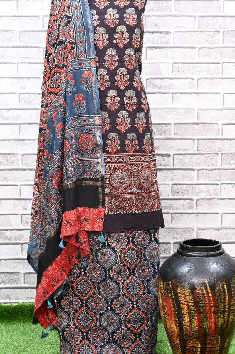 Black Corsage Unstitched Cotton Chanderi Ajrakh Print Suit