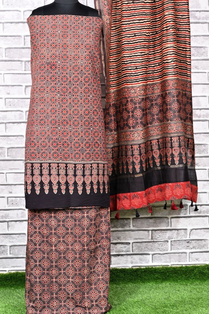 Mahogany Star Unstitched Cotton Chanderi Ajrakh Print Suit