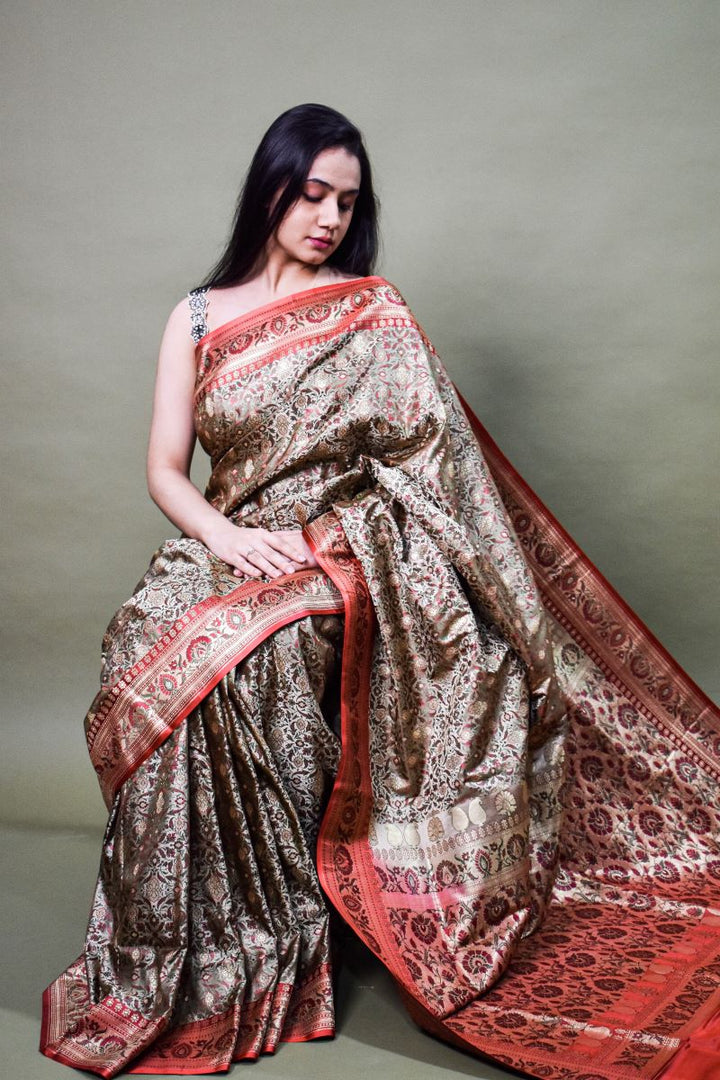 Golden Red Pure Tanchoi Jamawar Silk Saree: House Of Elegance