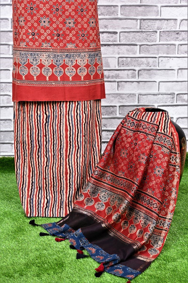 Red Starry Stripes Unstitched Cotton Chanderi Ajrakh Print Suit