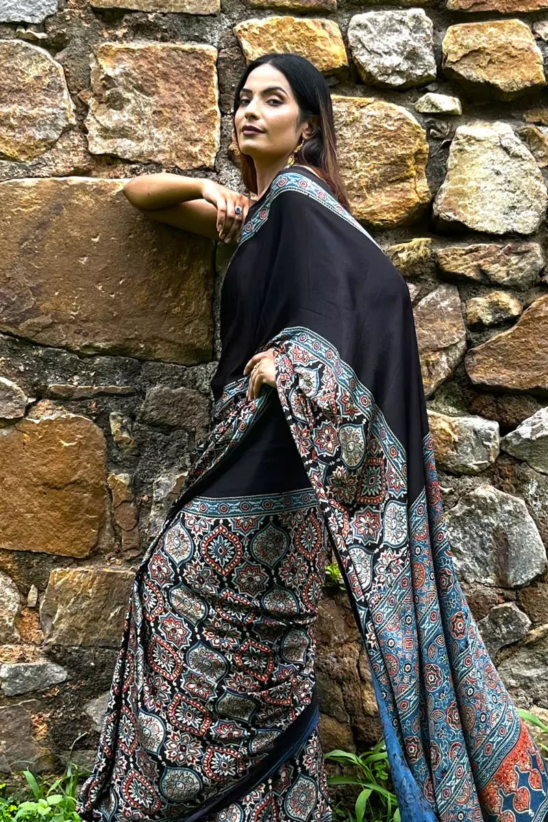 Black String Ajrakh Modal Silk Saree