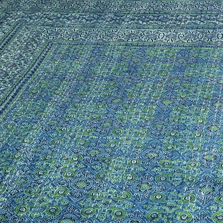 green-blue-ajrakh-print-quilted bedcover-kantha-bedspread