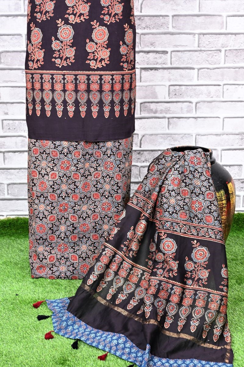 Black Corsage Unstitched Cotton Chanderi Ajrakh Print Suit