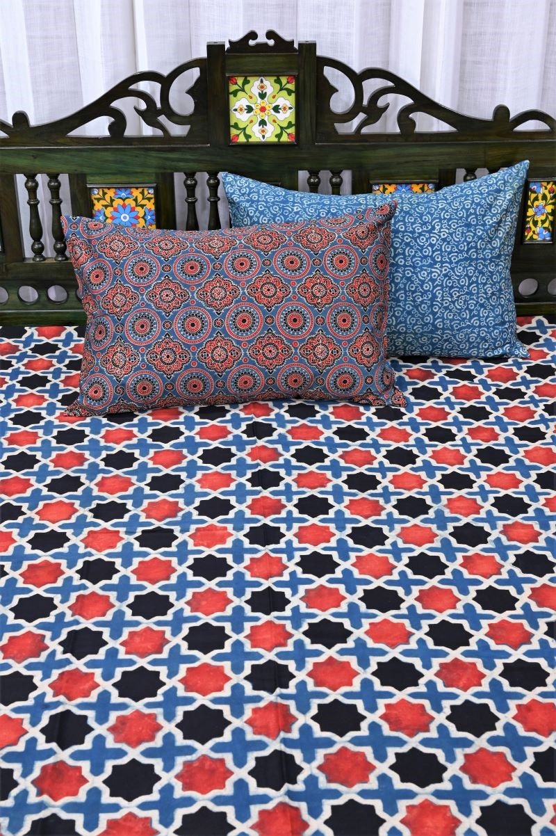 Red-Indigo-Ajrakh-Bedsheet-Set-cotton-bed-linen